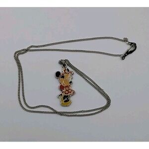 Vintage Disney Minnie Mouse Enamel Pendant Necklace Silver Tone Chain Polka Dot